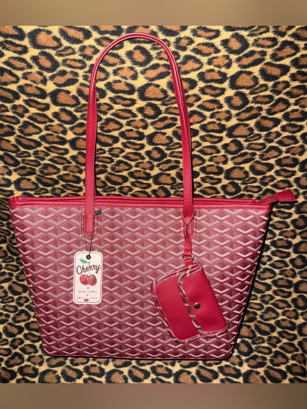 NWT Burgundy Cherry Mon Chéri Large Geometric Tote Bag with Matching Pouch